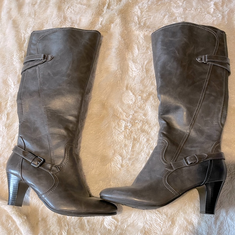 Grey knee high boots